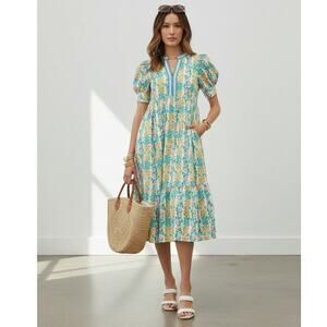 NWT Entro Floral Cotton Midi Dress Puff Sleeve Pockets Jade Small